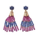 A pair of ruby, sapphire and diamond earrings, the fringe of polished ruby and sapphire beads below