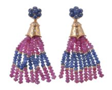 A pair of ruby, sapphire and diamond earrings, the fringe of polished ruby and sapphire beads below