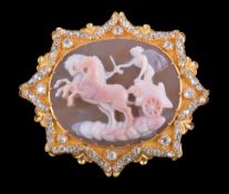 An early Victorian hardstone cameo brooch , circa 1840, carved with Apollo driving a chariot upon a