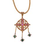 A Victorian Renaissance revival ruby and emerald pendant by John Brogden , circa 1880, the pierced