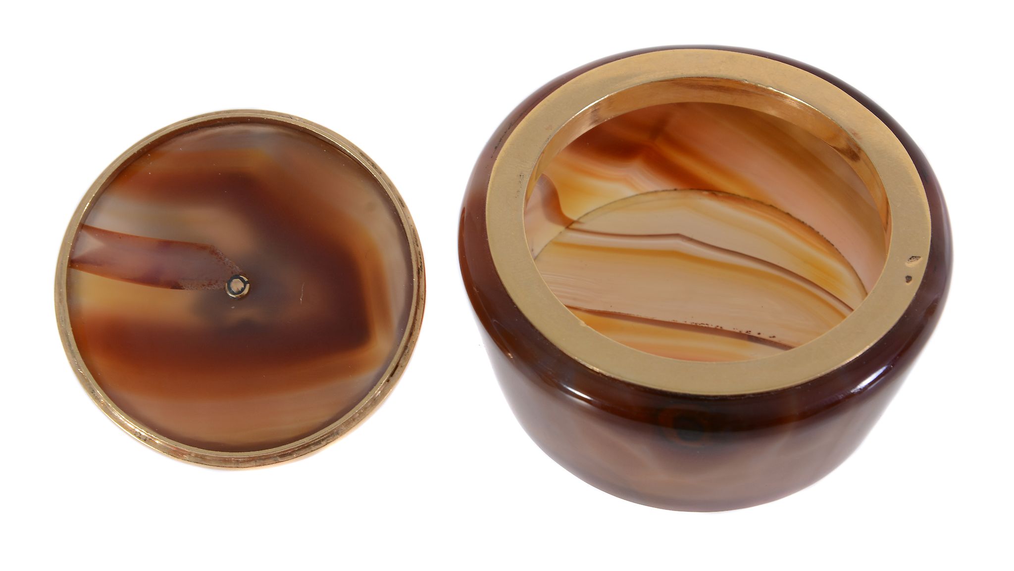 A French Art Deco gold mounted agate circular box and cover, maker's mark AS (not traced), eagle - Image 2 of 2