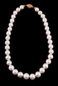 A South Sea cultured pearl and diamond necklace, the slightly graduated South Sea cultured pearls,