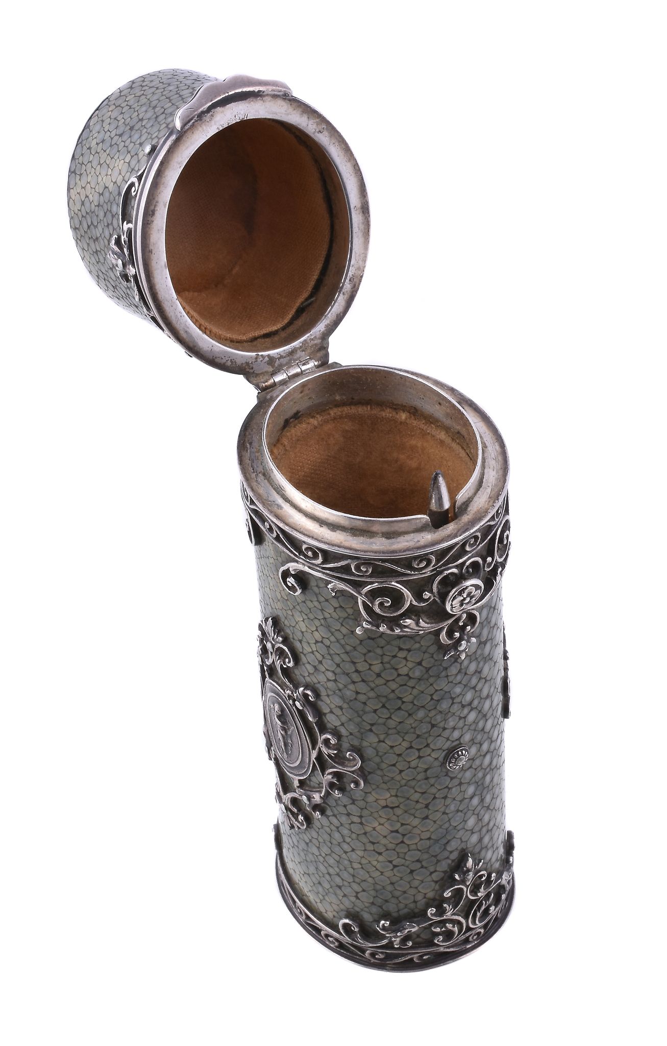 A silver mounted shagreen cylindrical etui case, unmarked, probably Continental, circa 1900, with - Image 4 of 4