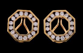 A pair of diamond earrings, the octagonal panels set with brilliant cut diamonds, approximately 2.