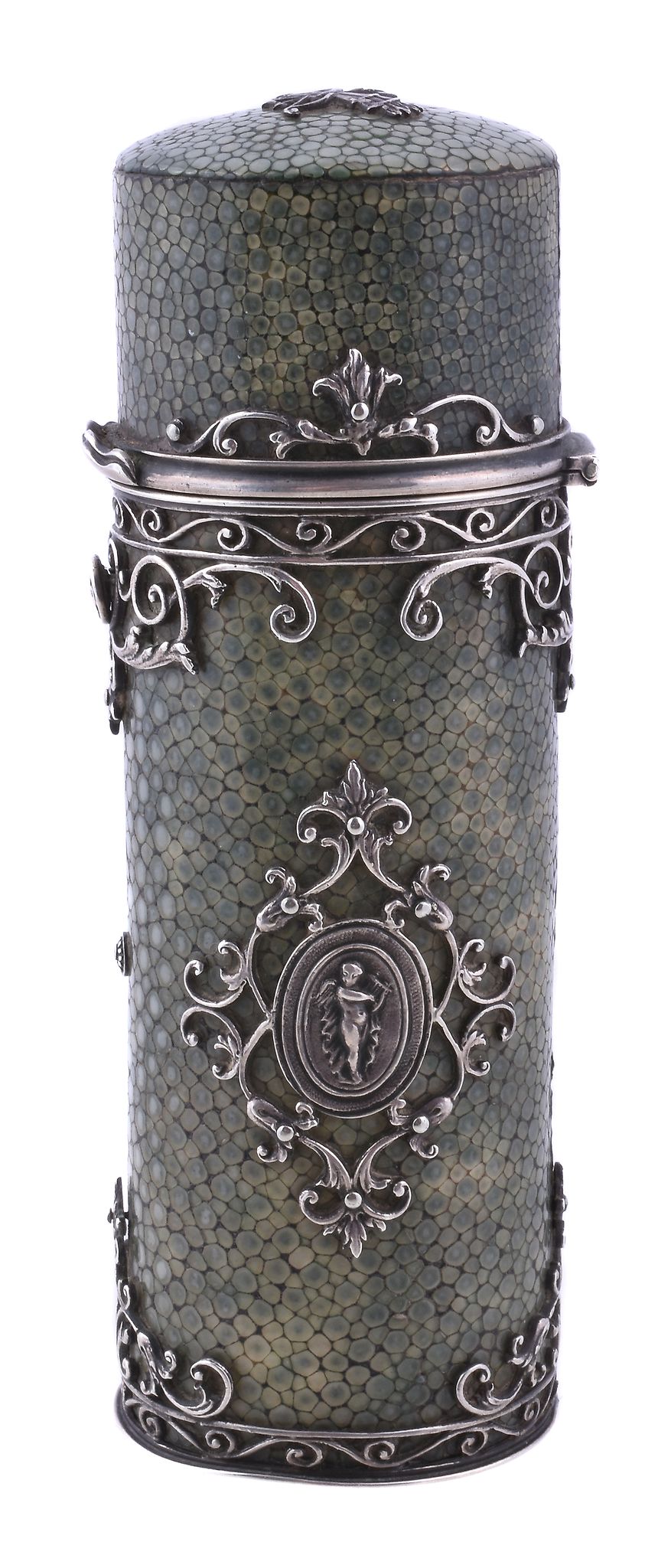 A silver mounted shagreen cylindrical etui case, unmarked, probably Continental, circa 1900, with - Image 2 of 4