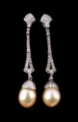 A pair of South Sea cultured pearl and diamond ear pendants, the 1.2cm South Sea cultured pearls