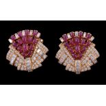 A pair of ruby and diamond earrings, the geometric panels set with oval sugarloaf cabochon rubies,