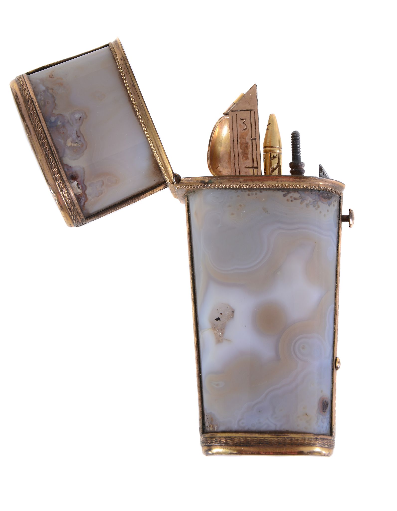 A late 18th century tapered oblong section agate necessaire, gilt metal mounted and containing a - Image 3 of 3