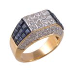 A sapphire and diamond ring, the rectangular panel set with princess cut diamonds, between square