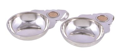 A pair of Italian silver coloured and gold coin mounted wine tasters, Rome 1944-68 .925 standard,