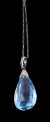 A 1920s aquamarine and diamond pendant, the briolette cut aquamarine drop with a rose cut diamond