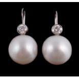 A pair of South Sea cultured pearl and diamond earrings, the 1.7cm South Sea cultured pearls each