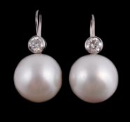 A pair of South Sea cultured pearl and diamond earrings, the 1.7cm South Sea cultured pearls each