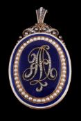 A 19th century gold, enamel, diamond and pearl pendant/locket, circa 1860, the oval blue enamel