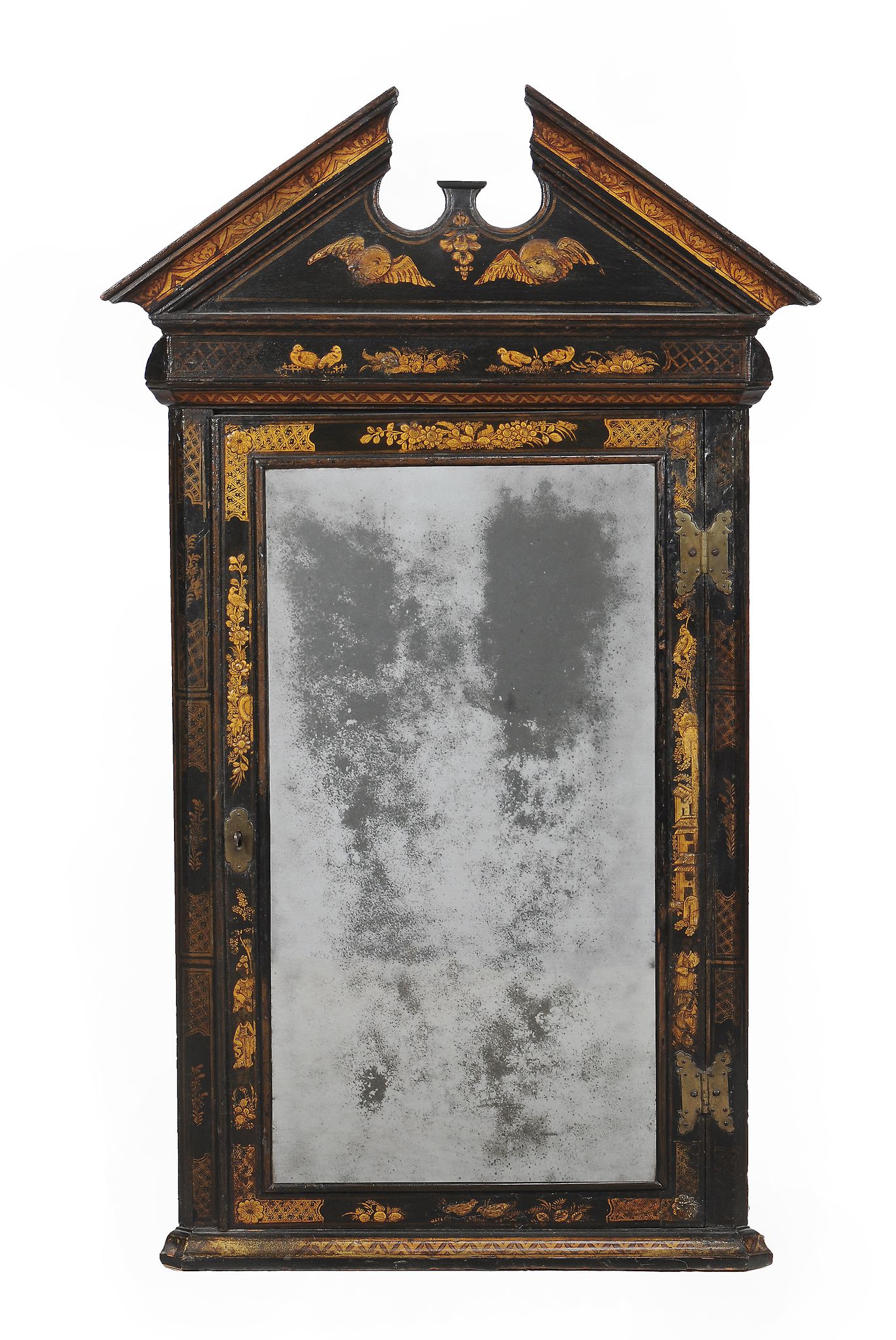 A George I black lacquer and gilt decorated hanging corner cabinet, circa 1720, in the manner of