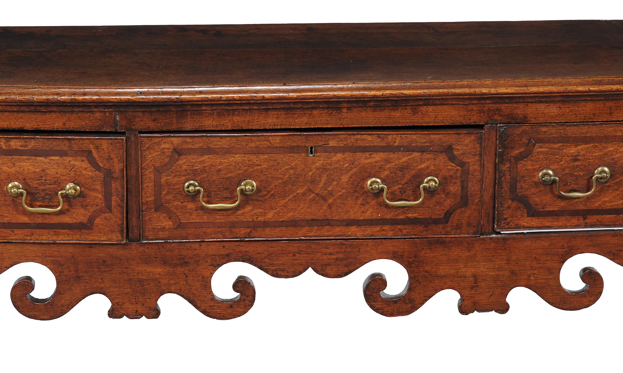 A George II oak and mahogany banded dresser base , circa 1750, with three frieze drawers above a - Image 3 of 3