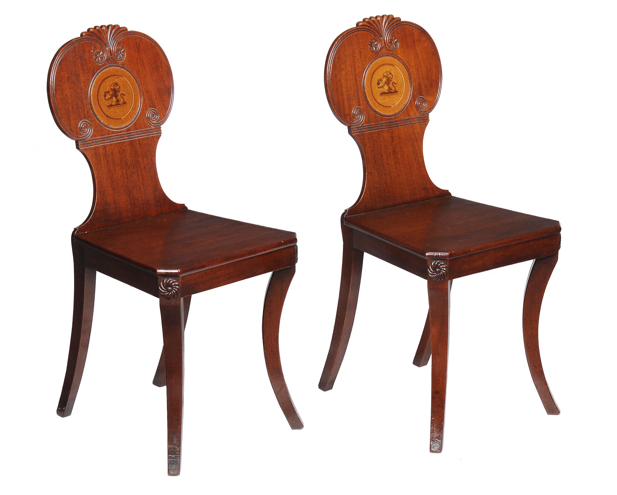 A pair of Regency mahogany hall chairs , circa 1815, each with shaped lobed and scrolled back with - Image 2 of 3
