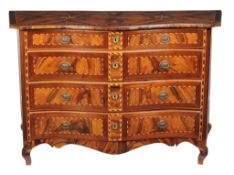 A Maltese olivewood and parquetry serpentine fronted commode , second half 18th century, the shaped