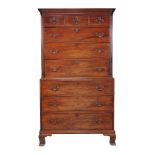 A George III mahogany chest on chest, circa 1780, the dentil moulded cornice above three short and