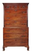 A George III mahogany chest on chest, circa 1780, the dentil moulded cornice above three short and