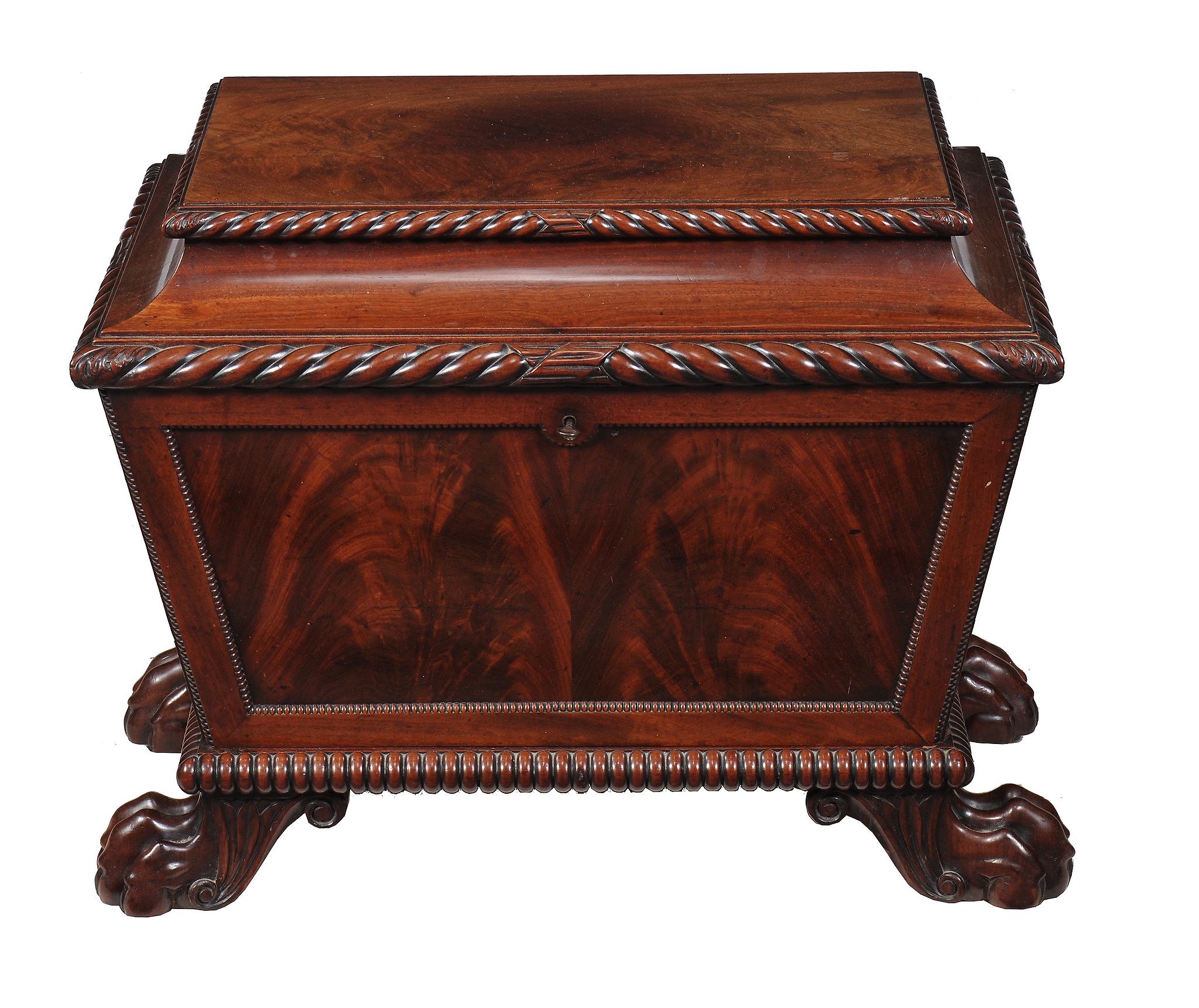 A George IV mahogany wine cooler, circa 1825, of sarcophagus form, the hinged and cavetto moulded - Image 2 of 3