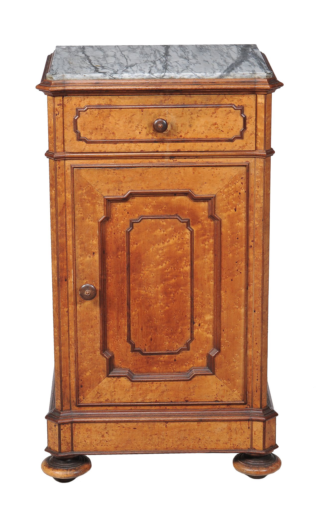 A pair of Victorian birds eye maple and marble mounted bedside cupboards, circa 1870, each - Image 6 of 6