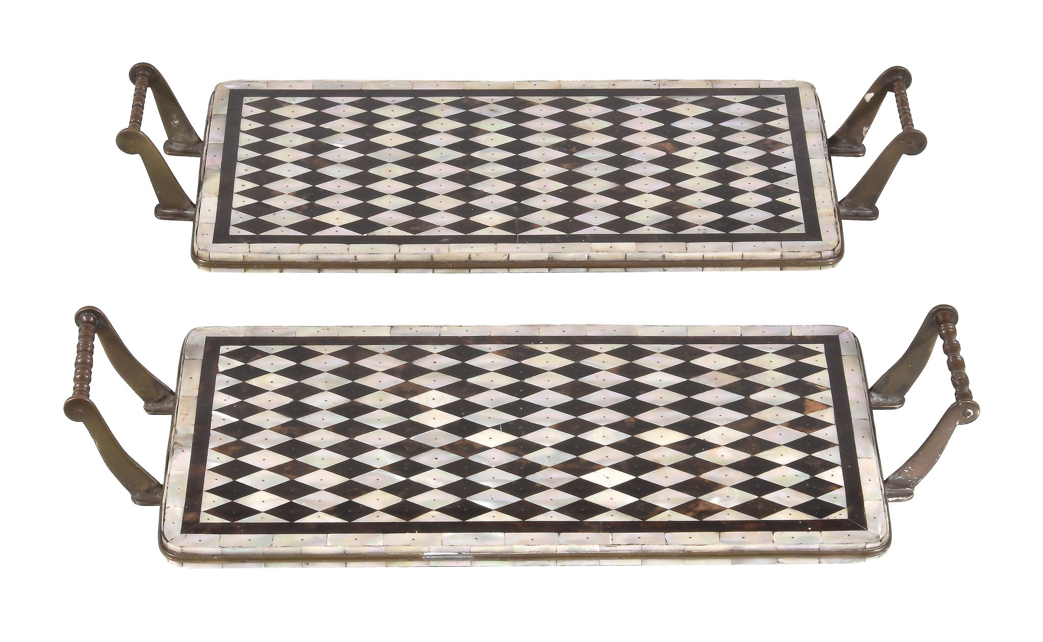 Ω A near pair of Gujarati mother-of-pearl and tortoiseshell parquetry veneered rectangular trays,