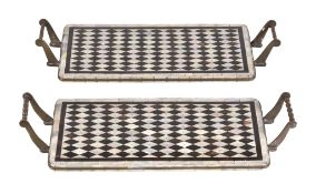 Ω A near pair of Gujarati mother-of-pearl and tortoiseshell parquetry veneered rectangular trays,