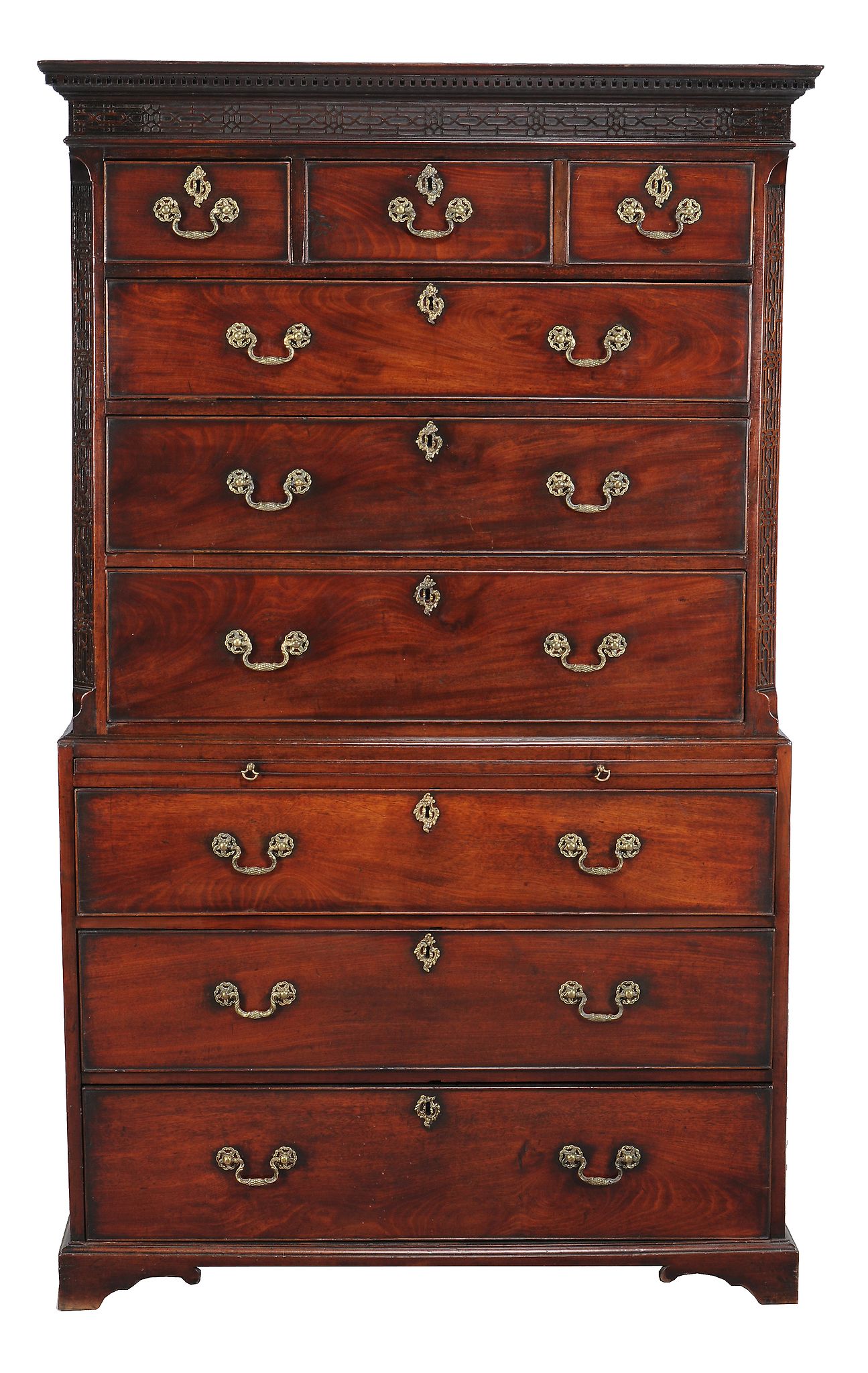A George III mahogany chest on chest, circa 1780, the moulded cornice above two short and two long