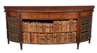A walnut, burr walnut and marquetry semi elliptical bookcase, in George III style, circa 1890, in