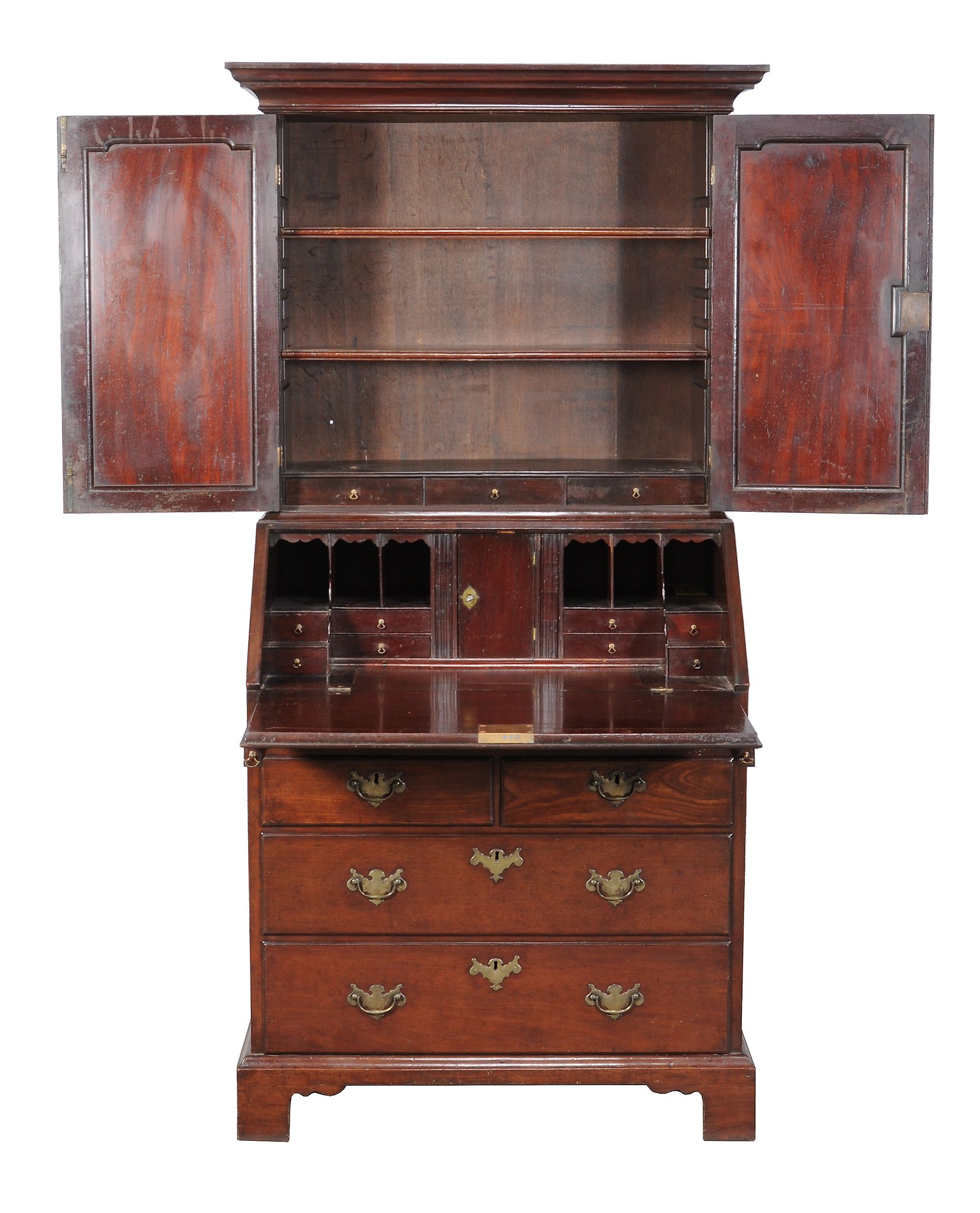 A George II mahogany bureau cabinet, circa 1750, the moulded cornice above a pair of panelled doors - Image 2 of 5