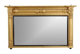 A Regency giltwood overmantel mirror , circa 1815, the rectangular plate within the ebonised sight