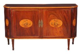 An George III Irish mahogany and marquetry commode or side cabinet, circa 1795, of breakfront form,