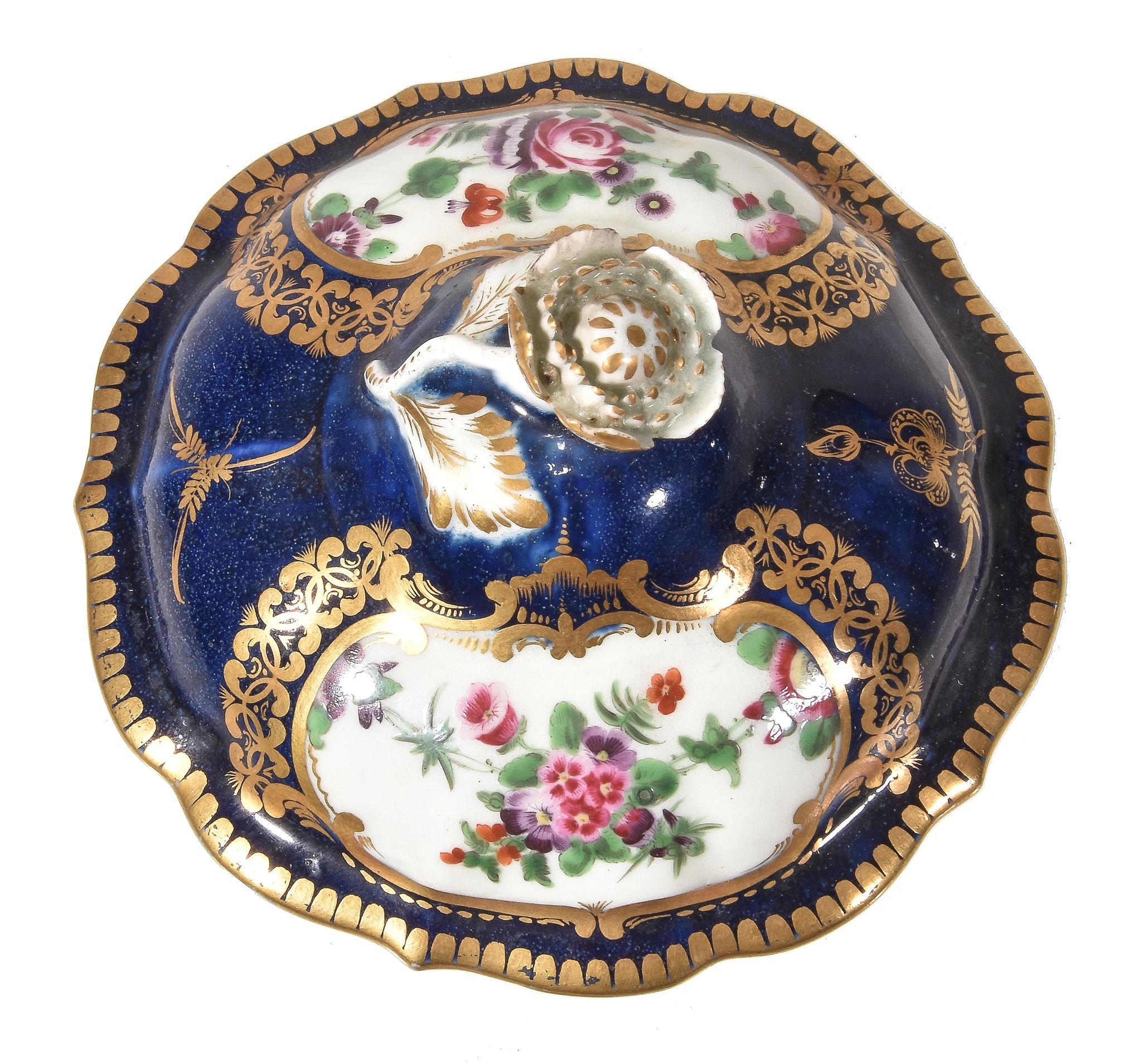 A pair of Worcester blue-ground two-handled chocolate cups, covers and stands, circa 1770, painted - Image 5 of 6
