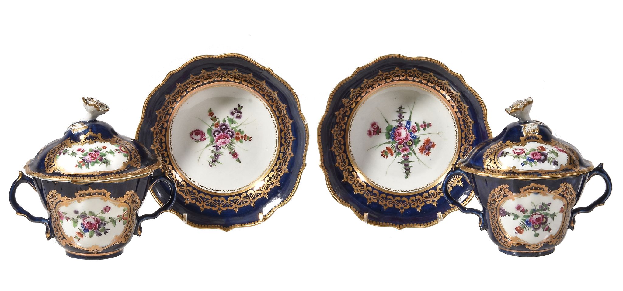 A pair of Worcester blue-ground two-handled chocolate cups, covers and stands, circa 1770, painted - Image 2 of 6