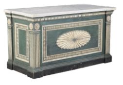 A pair of green and cream painted marble topped commodes, in George III style, 19th century and