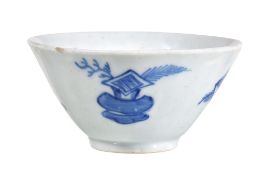 A Bow chinoiserie blue and white conical bowl, circa 1752-55, painted with daoist symbols, painted