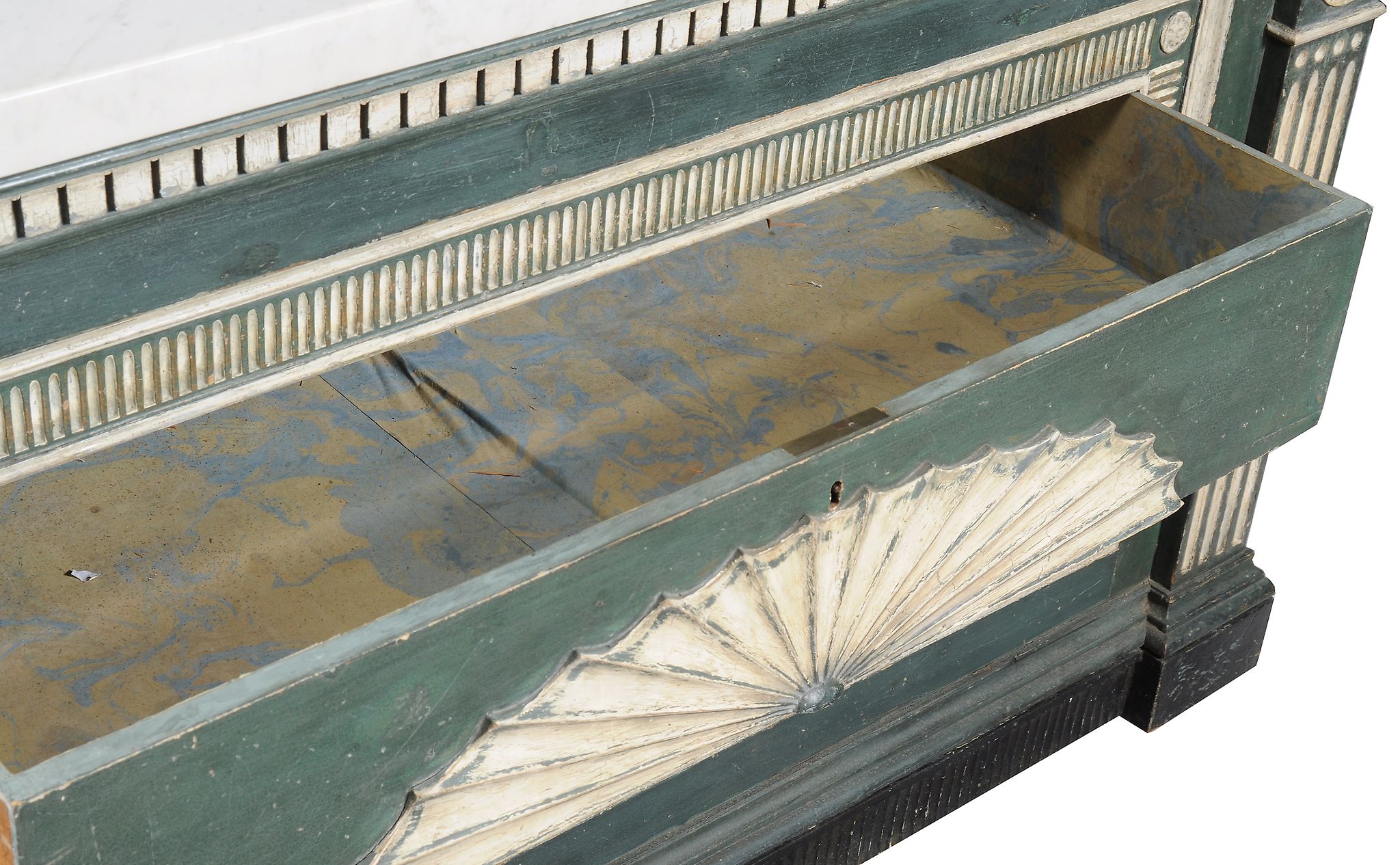 A pair of green and cream painted marble topped commodes, in George III style, 19th century and - Image 6 of 7