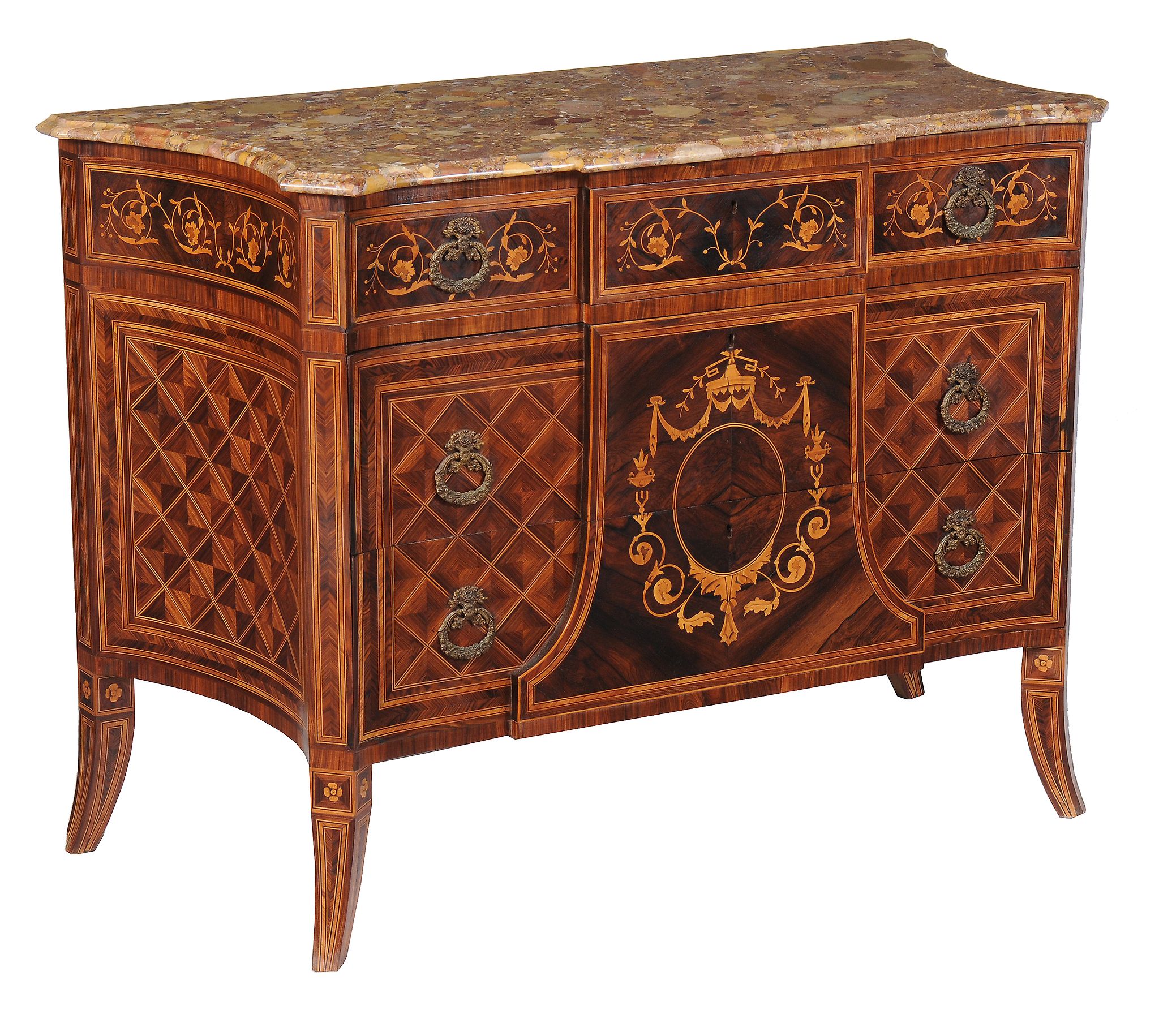 Ω A pair of French tulipwood, kingwood and marquetry commodes, in Louis XVI style, 19th century, of