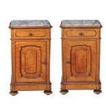 A pair of Victorian birds eye maple and marble mounted bedside cupboards, circa 1870, each