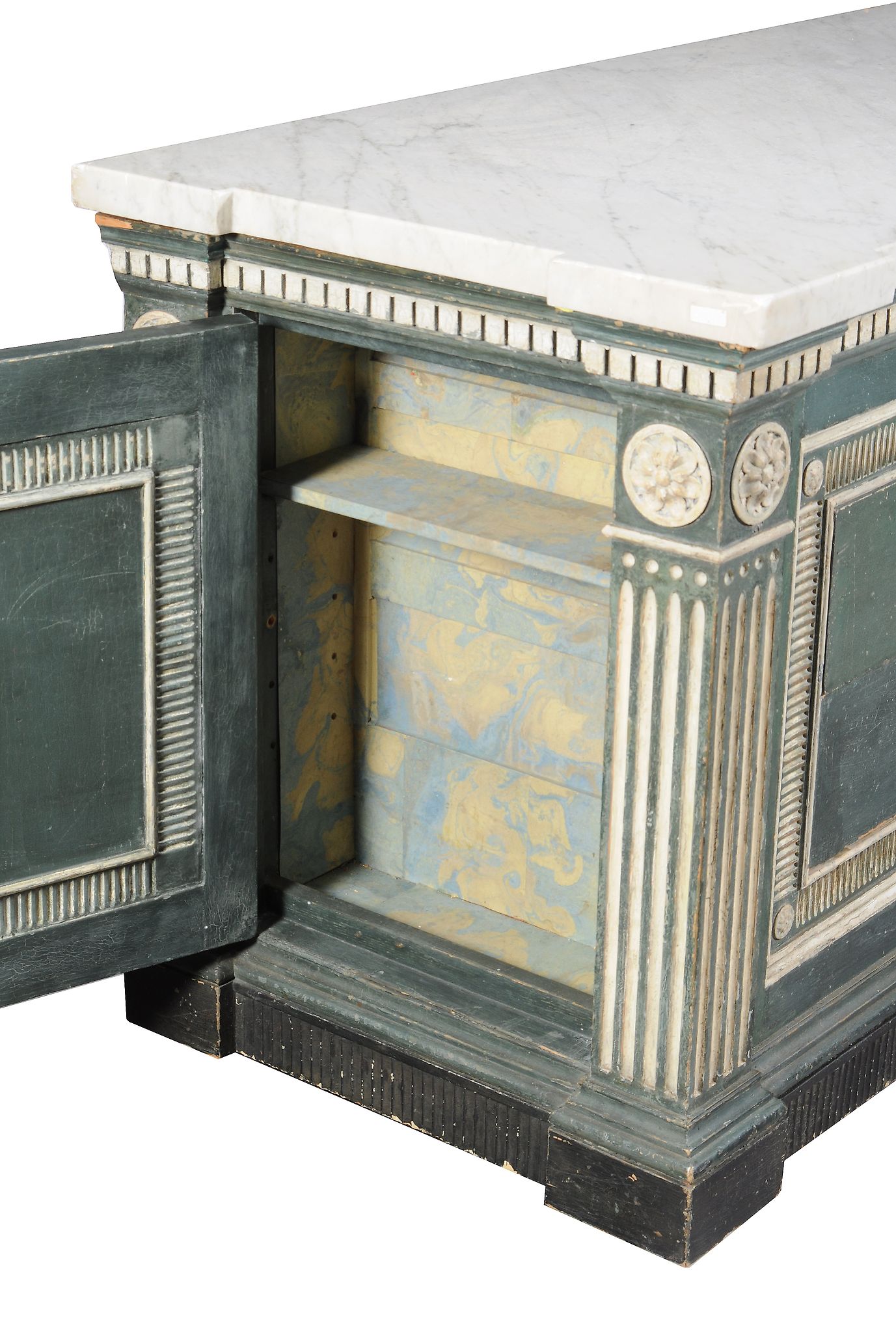A pair of green and cream painted marble topped commodes, in George III style, 19th century and - Image 5 of 7