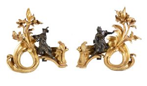 A pair of impressive gilt and patinated bronze chenets in Louis XV style, last quarter 19th