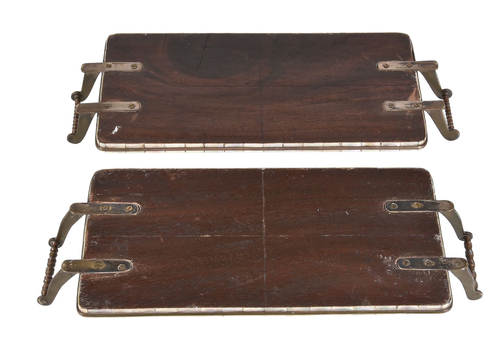 Ω A near pair of Gujarati mother-of-pearl and tortoiseshell parquetry veneered rectangular trays, - Image 3 of 3