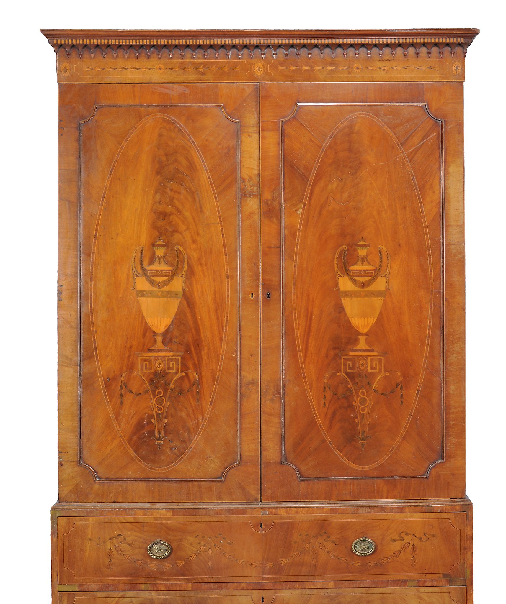 A George III mahogany and marquetry clothes press, circa 1770, the chequer banded and pendant - Image 2 of 4