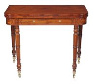 A Regency mahogany folding card table, circa 1815, the D shaped top with moulded edge opening to