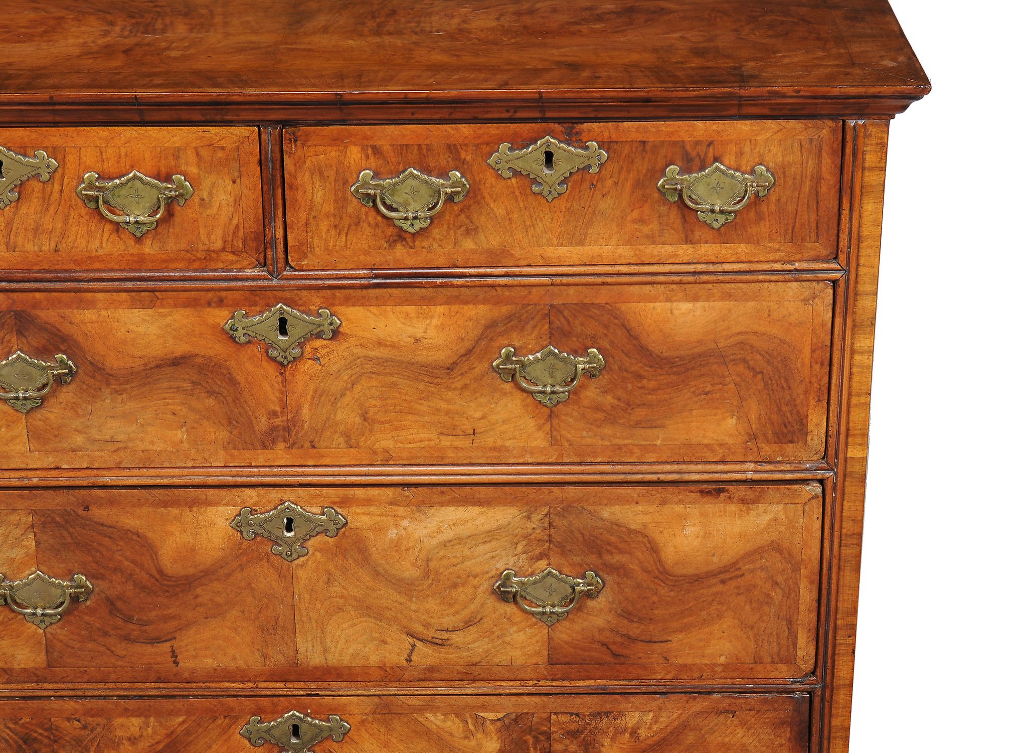 A George I walnut and featherbanded chest of drawers , circa 1720, bookmatched veneers throughout, - Image 2 of 2