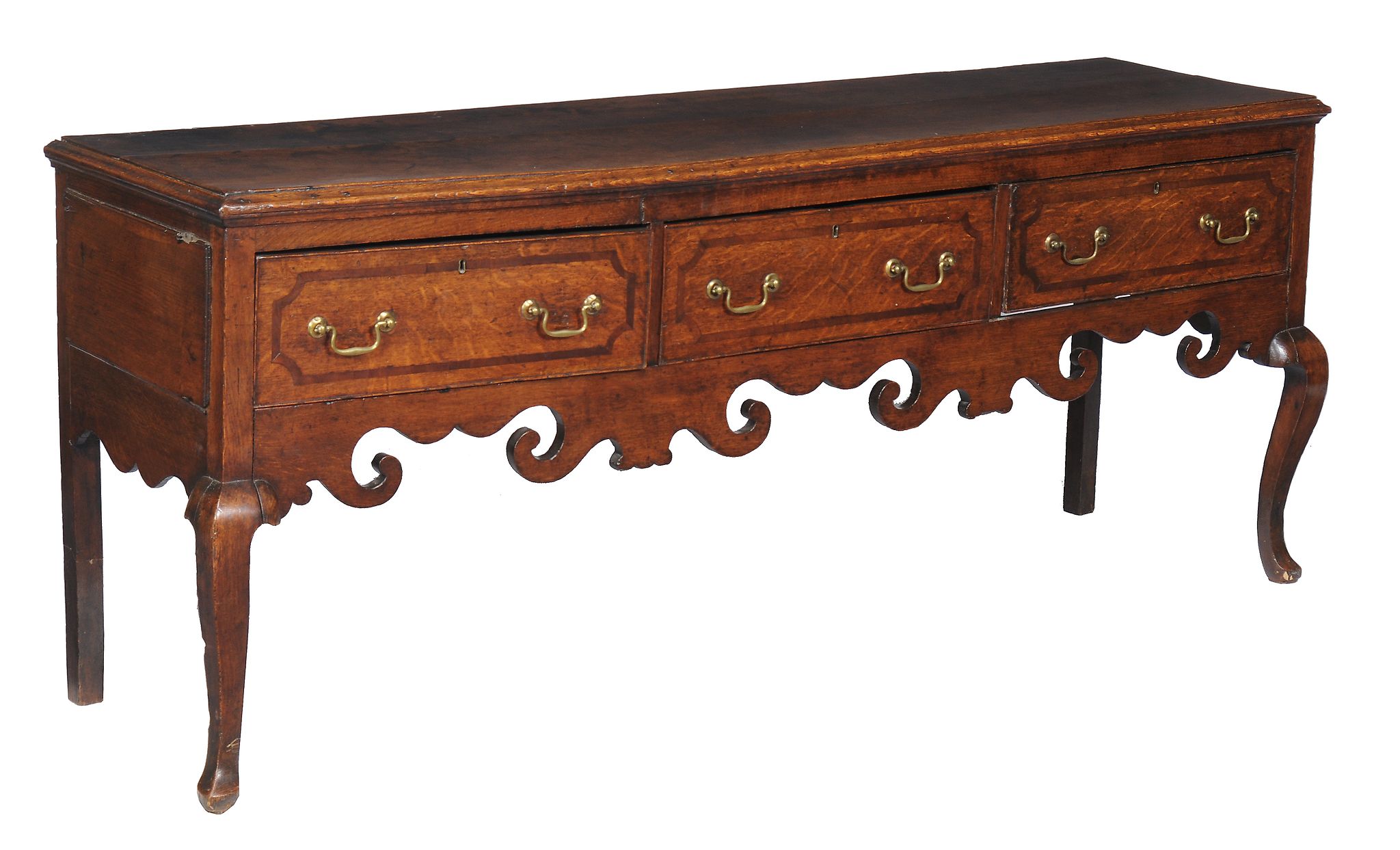 A George II oak and mahogany banded dresser base , circa 1750, with three frieze drawers above a - Image 2 of 3