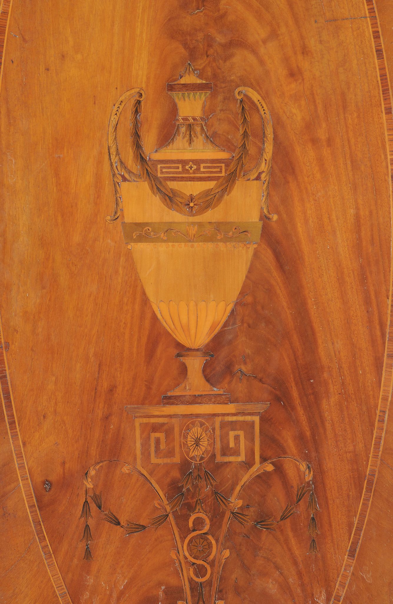 A George III mahogany and marquetry clothes press, circa 1770, the chequer banded and pendant - Image 3 of 4