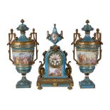 A French Sevres-style blue-ground porcelain and gilt-metal mounted three piece clock garniture ,