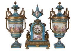 A French Sevres-style blue-ground porcelain and gilt-metal mounted three piece clock garniture ,